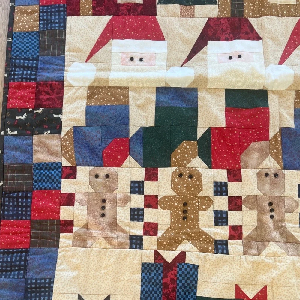 Handmade Christmas Patchwork Quilt Santa Gingerbread Wall Hanging Primitive
